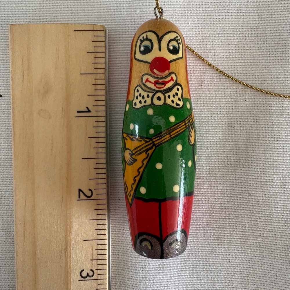 Vintage Hand‎ Painted Wooden Clown Ornament Balalaika Player Folk Art 2.75"